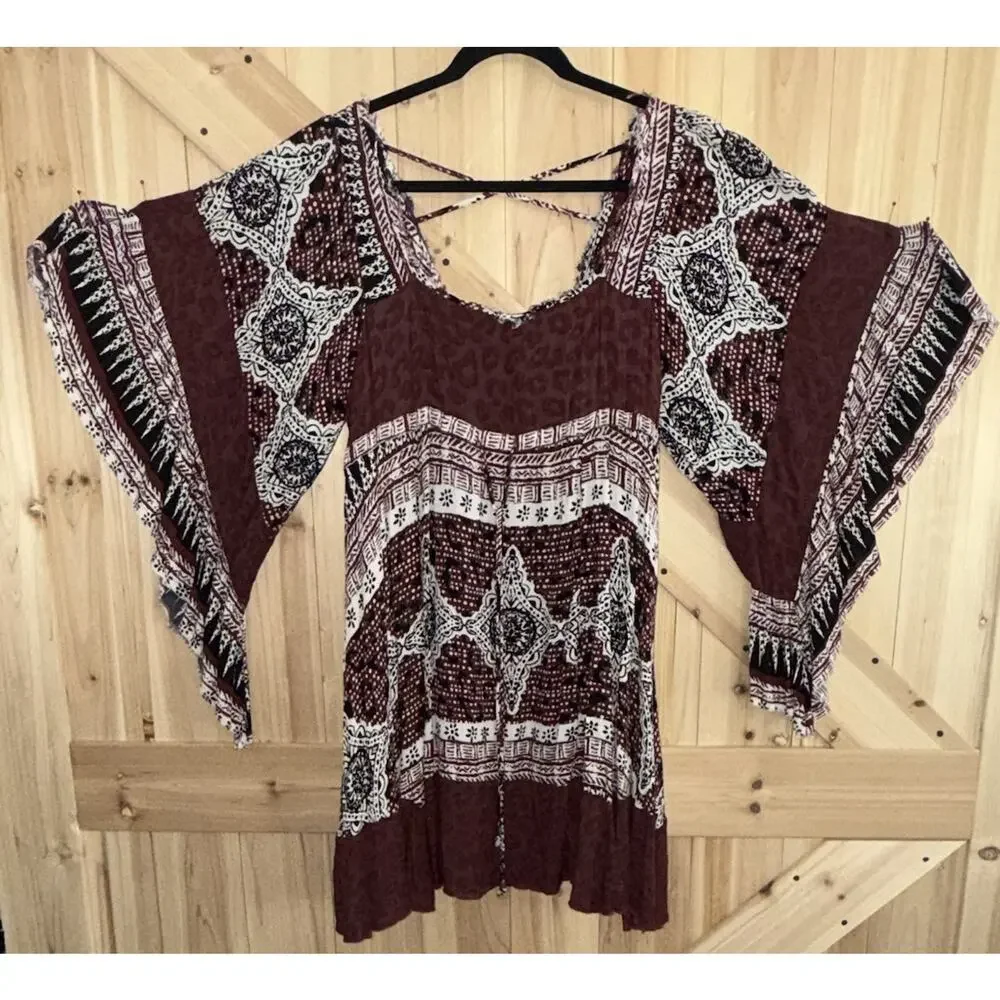 Free People Heart of Gold Red Black Bohemian Peasant Flare Sleeve Dress Sz S